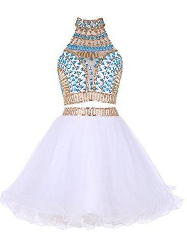 Bridal Shoes, Two Piece High Neck White Tulle Short Homecoming Dress 2024 with Beading Rhinestone