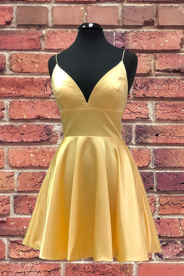 Prom Dresses Backless, Simple Yellow Homecoming Dress with Straps