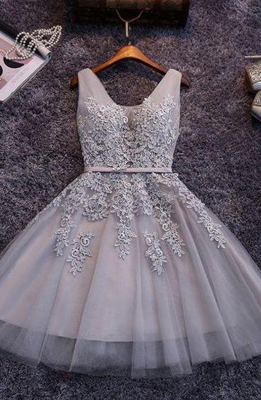 Bridesmaid Dress Inspo, Princess/A-Line V-Neck Appliques Gray Tulle Homecoming/Prom Dresses
