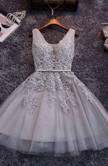 Bridesmaid Dress Inspo, Princess/A-Line V-Neck Appliques Gray Tulle Homecoming/Prom Dresses