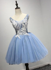 Fall Wedding Color, A-Line Crew Neck Blue Appliques Homecoming Dress 2024