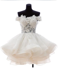 Party Dress Websites, A-Line Off-the-Shoulder Appliques Short White Organza Homecoming Dress 2024