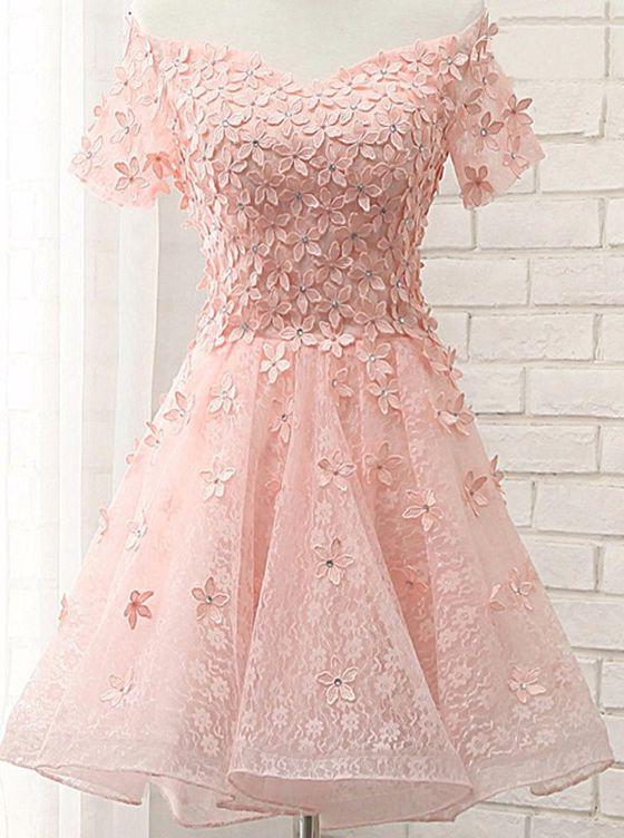 Beauty Dress, Princess/A-Line Off-the-Shoulder Appliques Short Coral Lace Homecoming/Prom Dresses