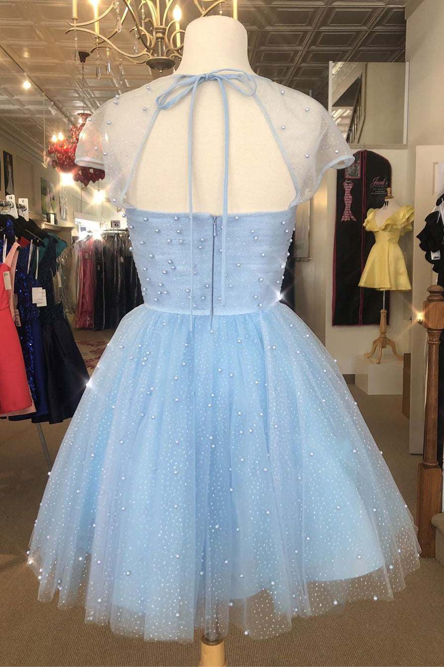 Prom Dresses For Girls, Sparkle Beaded Cap Sleeves Light Sky Blue Homecoming Dress