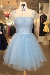 Prom Dress For Girl, Sparkle Beaded Cap Sleeves Light Sky Blue Homecoming Dress