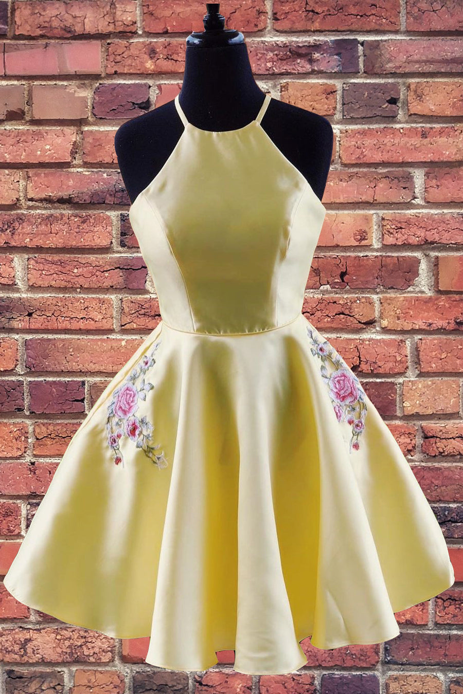 Prom Dresses Spring, Halter Embroidered Yellow Homecoming Dress with Pockets