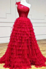 Wedding Invitations, Red One Shoulder Corset Tiered Long Prom Dress with Ruffles