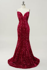 Party Dress Code, Fuchsia Sweetheart Neck Sequined Mermaid Prom Dress With Sweep Train