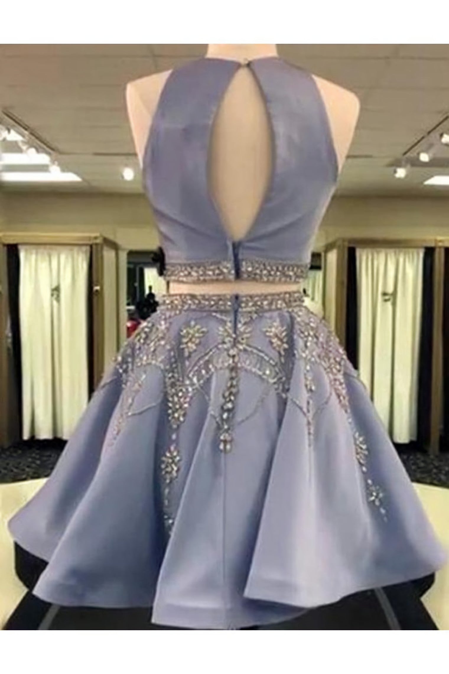 Long Dress Formal, A Line 2 Pieces Beaded Satin Short Homecoming Dresses, Scoop