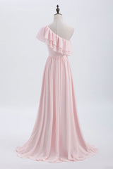 Black Prom Dress, Ruffles Pink One Shoulder Chiffon A-line Long Bridesmaid Dress