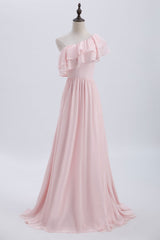 Prom Dresses Brown, Ruffles Pink One Shoulder Chiffon A-line Long Bridesmaid Dress