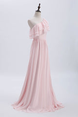 Pink Dress, Ruffles Pink One Shoulder Chiffon A-line Long Bridesmaid Dress