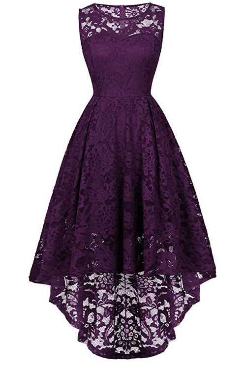 Bridesmaid Dress Long Sleeve, Sleeveless Hi-Low Lace Lavender Party Dress