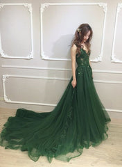Prom Dresses Under 100, Dark Green Low Back Beaded Lace V-neckline Party Dress, A-line Prom Dress