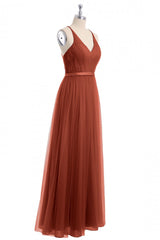 Prom Dress Light Blue, Rust Orange V-Neck Backless A-Line Long Bridesmaid Dress