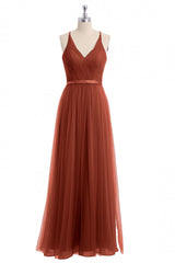 Prom Dress Champagne, Rust Orange V-Neck Backless A-Line Long Bridesmaid Dress