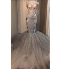Prom Dresses 2033 Cheap, 2024 Silver Long Sleeve Mermaid/Trumpet Lace and Tulle Prom Dresses