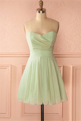 Prom Dress With Pocket, Sage Green Chiffon Strapless A-Line Short Dress