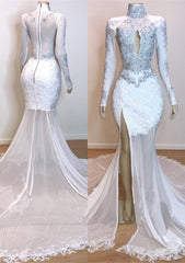 Bridesmaid Dresses Summer Wedding, 2024 White Long Sleeve High Neck Lace and Tulle Side Slit Mermaid Prom Dresses