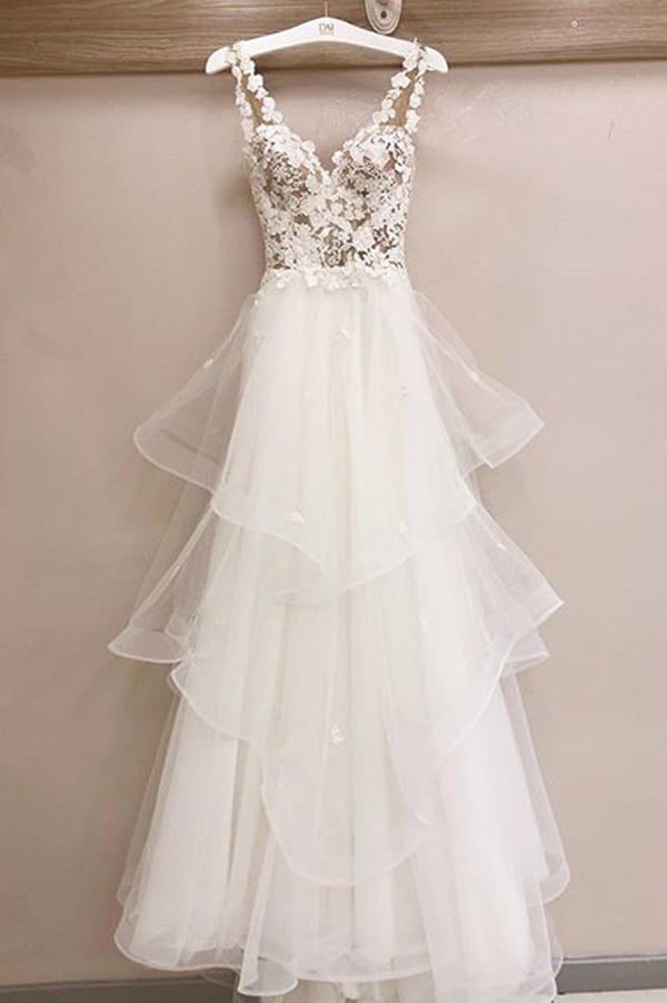 Wedding Dresses Boutiques, Charming Tulle Appliques V Neck Lace Wedding Dresses with Ruffles