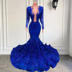 Bridesmaids Dresses Colorful, Hot Sparkle Royal Blue Sequin Long sleeves Mermaid Prom Dresses