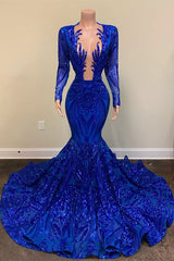 Bridesmaids Dress Colors, Hot Sparkle Royal Blue Sequin Long sleeves Mermaid Prom Dresses