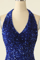 Semi Formal Dress, Royal Blue Sequin Halter Open Back Short Homecoming Dress