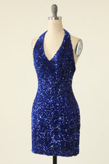 Classy Dress, Royal Blue Sequin Halter Open Back Short Homecoming Dress