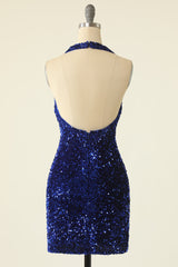 Purple Dress, Royal Blue Sequin Halter Open Back Short Homecoming Dress