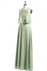 Prom Dresses 2035 Blue, Sage Green Chiffon Halter Ruffle A-Line Long Bridesmaid Dress