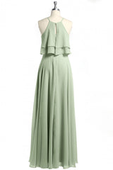 Prom Dresses Modest, Sage Green Chiffon Halter Ruffle A-Line Long Bridesmaid Dress