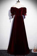 White Dress, Modest Burgundy Long Prom Dresses with Short Sleeves Vintage Evening Gown