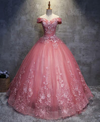 Quince Dress, Pink Tulle Lace Off Shoulder Long Prom Dress, Pink Tulle Evening Dress, 1