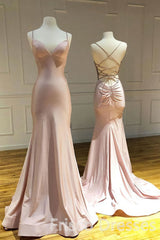Bridesmaids Dresses Summer, Spaghetti Straps Pink Mermaid Evening Party Dresses Long Prom Dresses