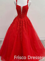Bridesmaid Dress 2043, Red Tulle Lace A Line Formal Evening Dresses Appliques Long Prom Dresses