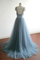 Prom Dresses Cheap, Simple gray blue tulle long prom dress, evening dress