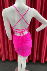 Formal Dresses Summer, Neon Pink Beaded Scoop Neck Bodycon Cocktail Dress