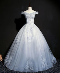 Formal Dresses With Sleeve, Blue Tulle Lace Off Shoulder Long Prom Dress, Blue Tulle Lace Evening Dress