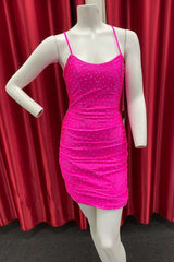 Formal Dresses With Sleeves, Neon Pink Beaded Scoop Neck Bodycon Cocktail Dress