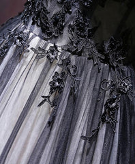 Dream Dress, Black V Neck Tulle Lace Applique Long Prom Dress, Black Evening Dress, 1