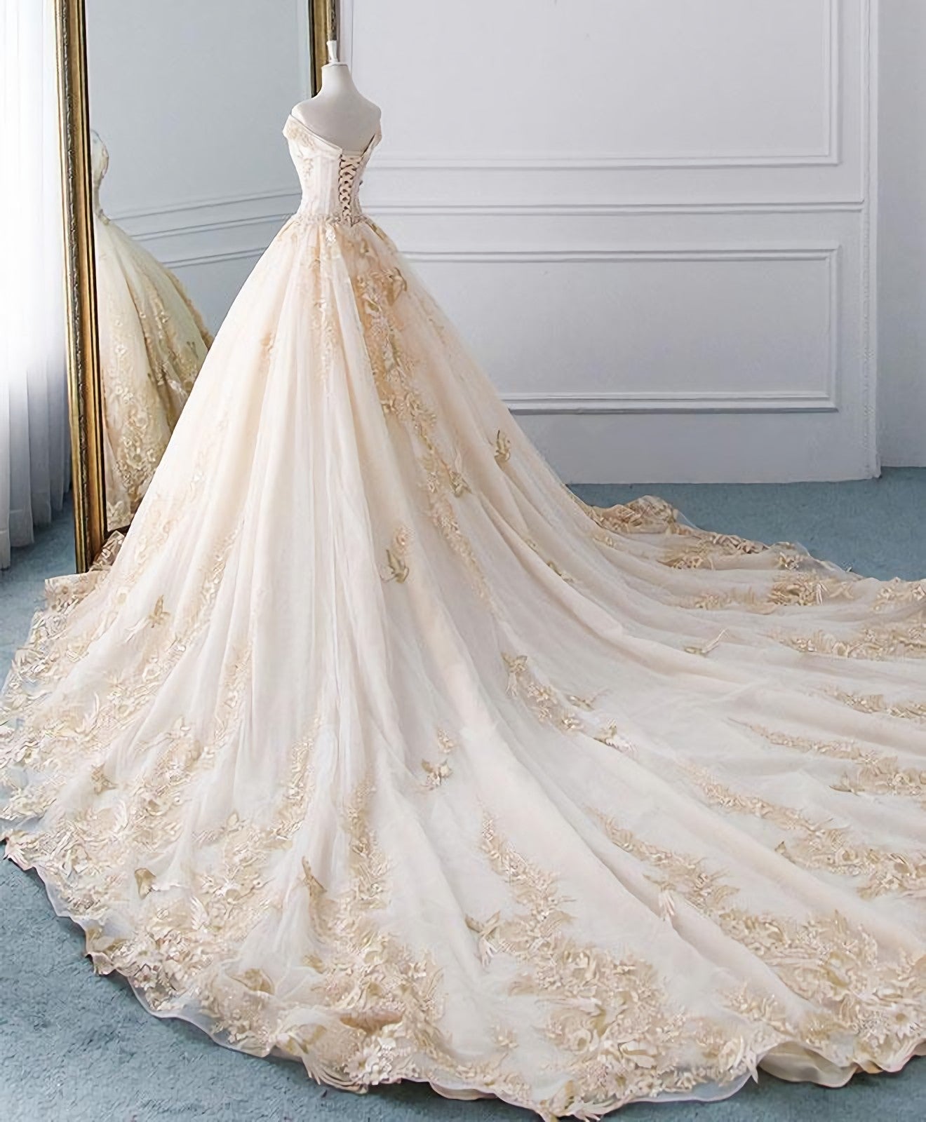 Wedding Dresses Casual, Unique Champagne Tulle Lace Long Wedding Dress, Bridal Gown
