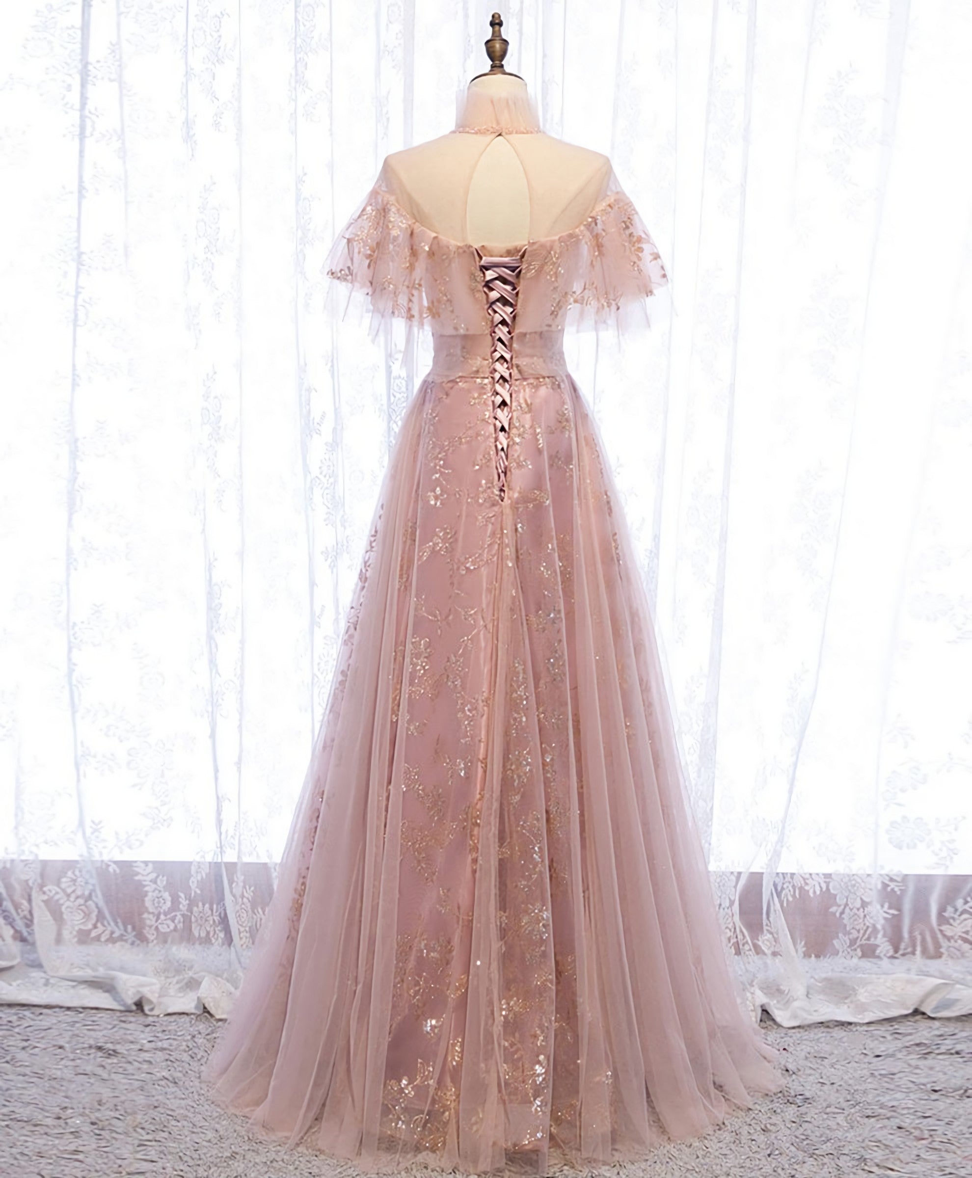 Long Dress, Pink Tulle Lace Long Prom Dress, Pink Tulle Formal Dress, 2