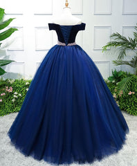 Bridesmaid Dresses Websites, Dark Blue Tulle Off Shoulder Long Prom Dress, Blue Sweet 16 Dress