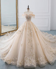 Wedding Dress With Corset, Champagne Off Shoulder Tulle Lace Long Wedding Dress, Wedding Gown