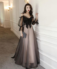 Evening Dress Black, Black Tulle A Line Lace Long Prom Dress, Tulle Lace Formal Dress