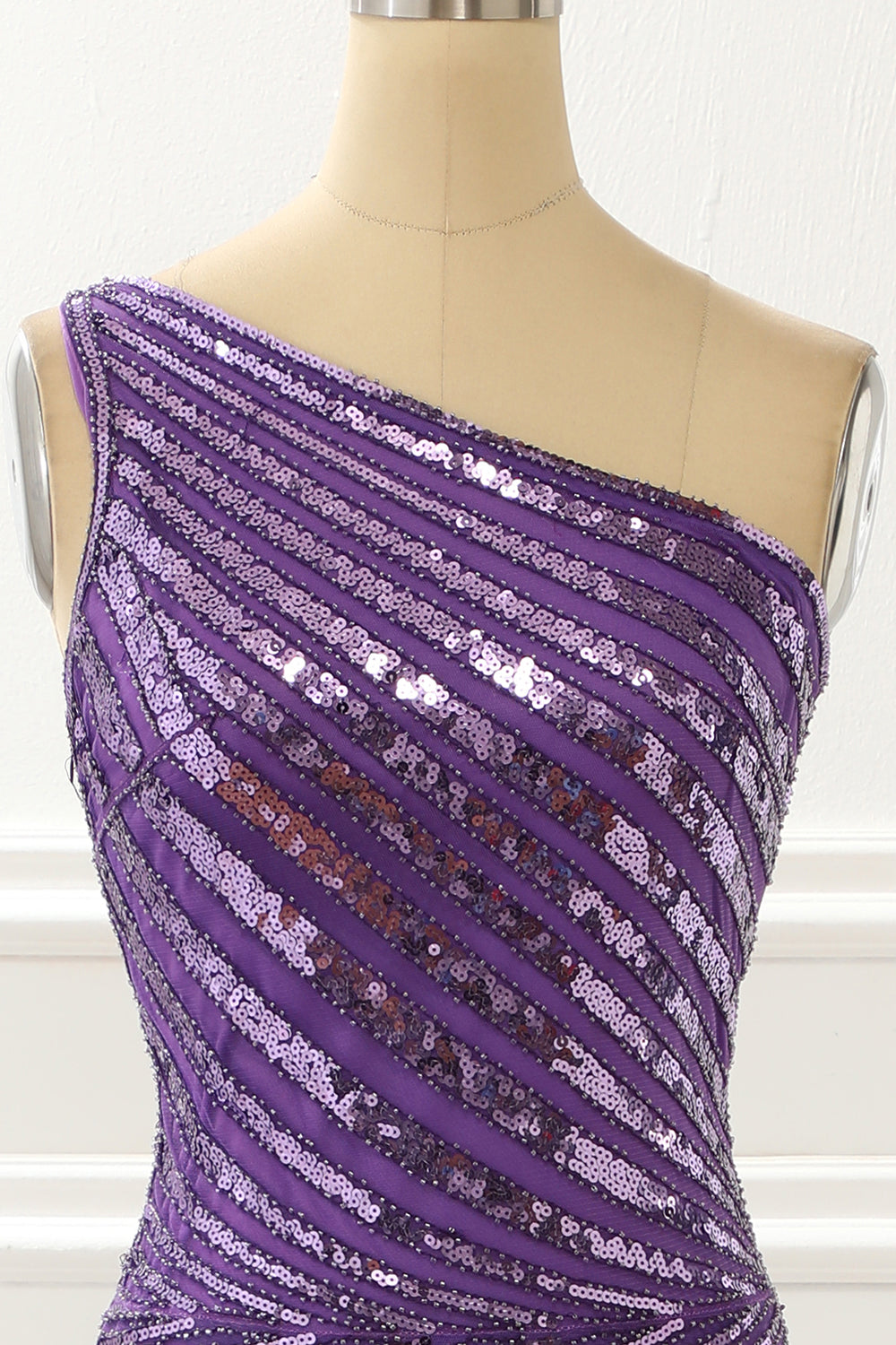 Prom Dresses For 20 Year Olds, One Shoulder Purple Sequin Prom Dress with Slit