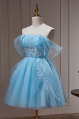 Party Dress Formal, Blue Off The Shoulder Beading Appliques Tulle Short Homecoming Dresses