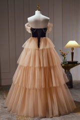 Party Dress Shopping, Champagne Off The Shoulder Evening Gown A Line Tulle Long Prom Dresses