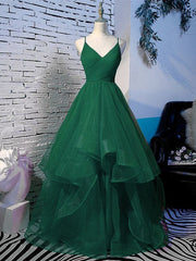Bridesmaid Dress Color, a line prom dresses evening dress spaghetti straps open back long dark green tulle with ruffles