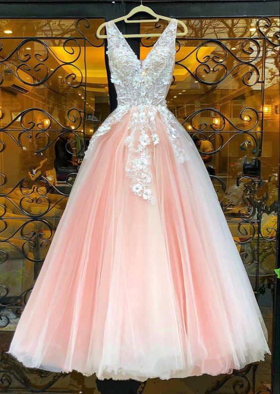 Bridesmaid Dress Color Schemes, beautiful blush pink prom dreses lace embroidery v neck tulle floor length ball gown
